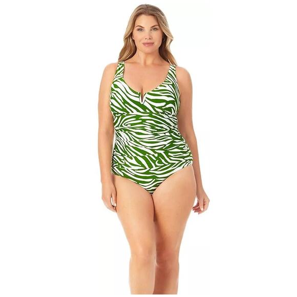 Anne Cole Green White Stripe V-Wire One Piece Swimsuit Size 18W Shirred New - Picture 1 of 8